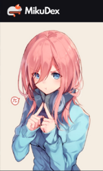 Anime-style illustration of Nakano Miku, a pink-haired girl with blue eyes, pouting with an annoyed expression. She wears a blue jacket and has headphones around her neck. A small red anger symbol floats beside her, emphasizing her frustration.