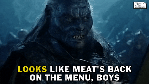 a picture of a monster with the words looks like meat 's back on the menu boys