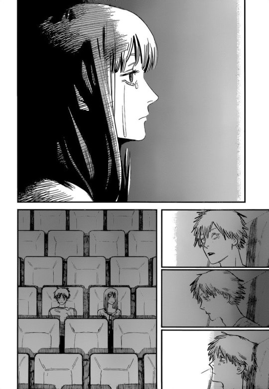 When Denji checks whether Makima noticed him crying from the movie, he sees her crying too. (Chainsaw Man chapter 39.)