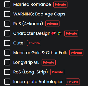 a portion of a screenshot of the Add to MD List Interface containing nine items.  The items, in order, are: Married Romance, WARa portion of a screenshot of the Add to MD List Interface containing nine items.  The items, in order, are: Married Romance, WARNING: Bad Age Gaps, RoS (4-Koma), Character Design💕💫, Cute!, Monster Girls & Other Folk, Longstrip GL, RoS (Long-Strip), and Incomplete Anthologies