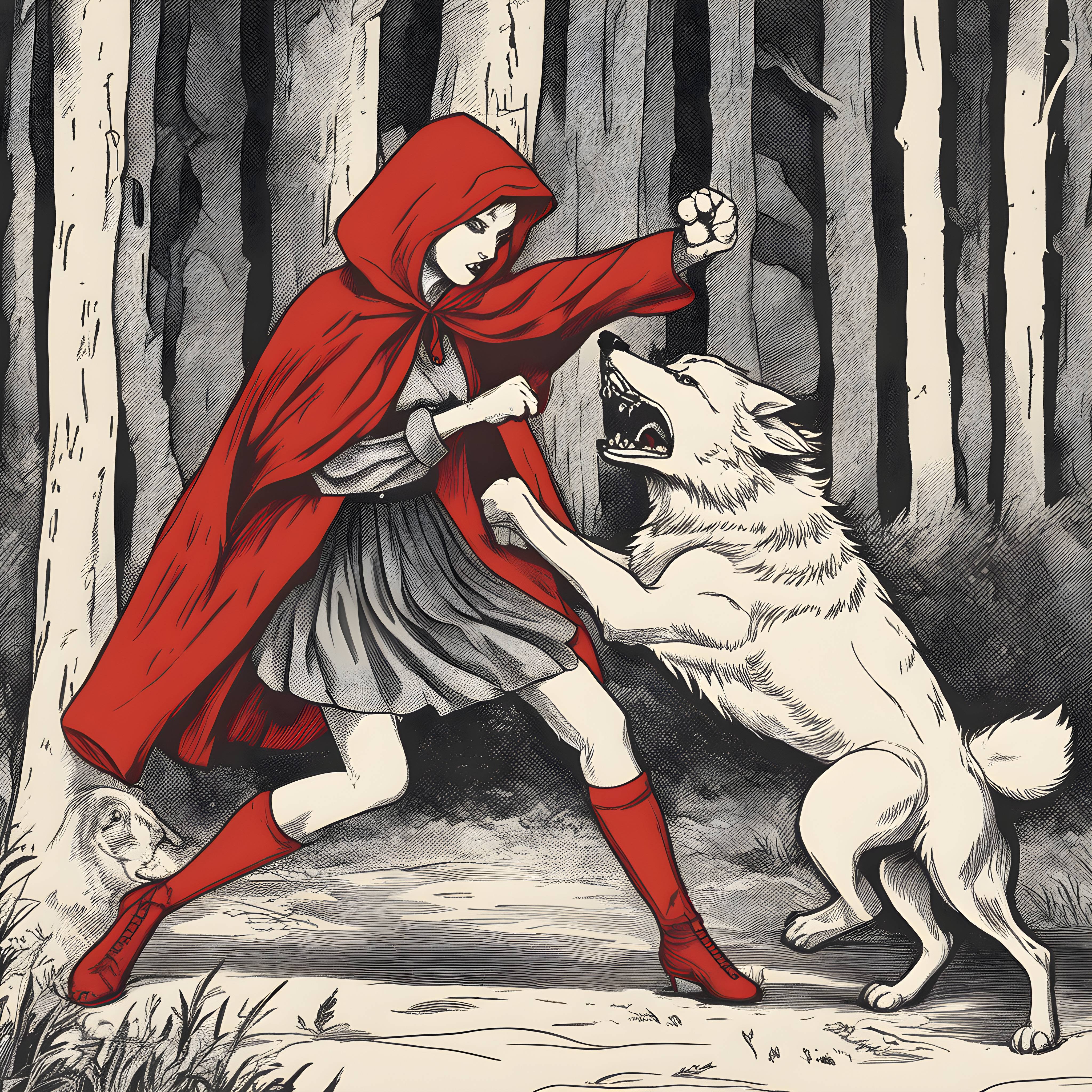 Red Riding Hood punching wolf