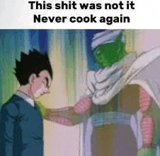 a man is shaking hands with a green monster in a dragon ball z meme . a man is shaking hands with a green monster in a dragon ball z meme .